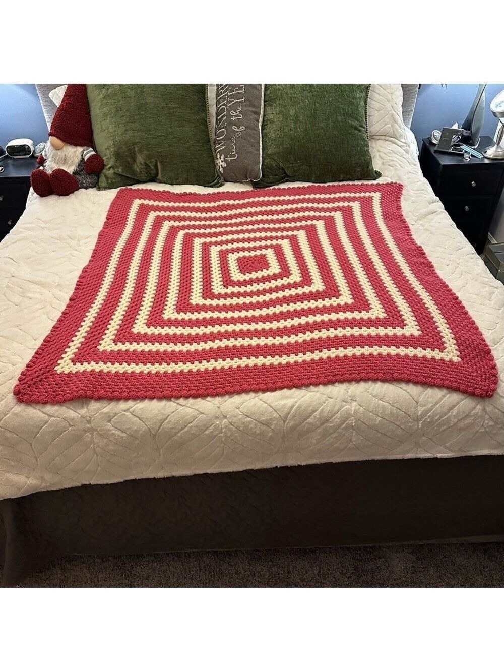 Vintage Afghan Crochet Throw Granny Square Small Rose Cream 52”x52” Handmade